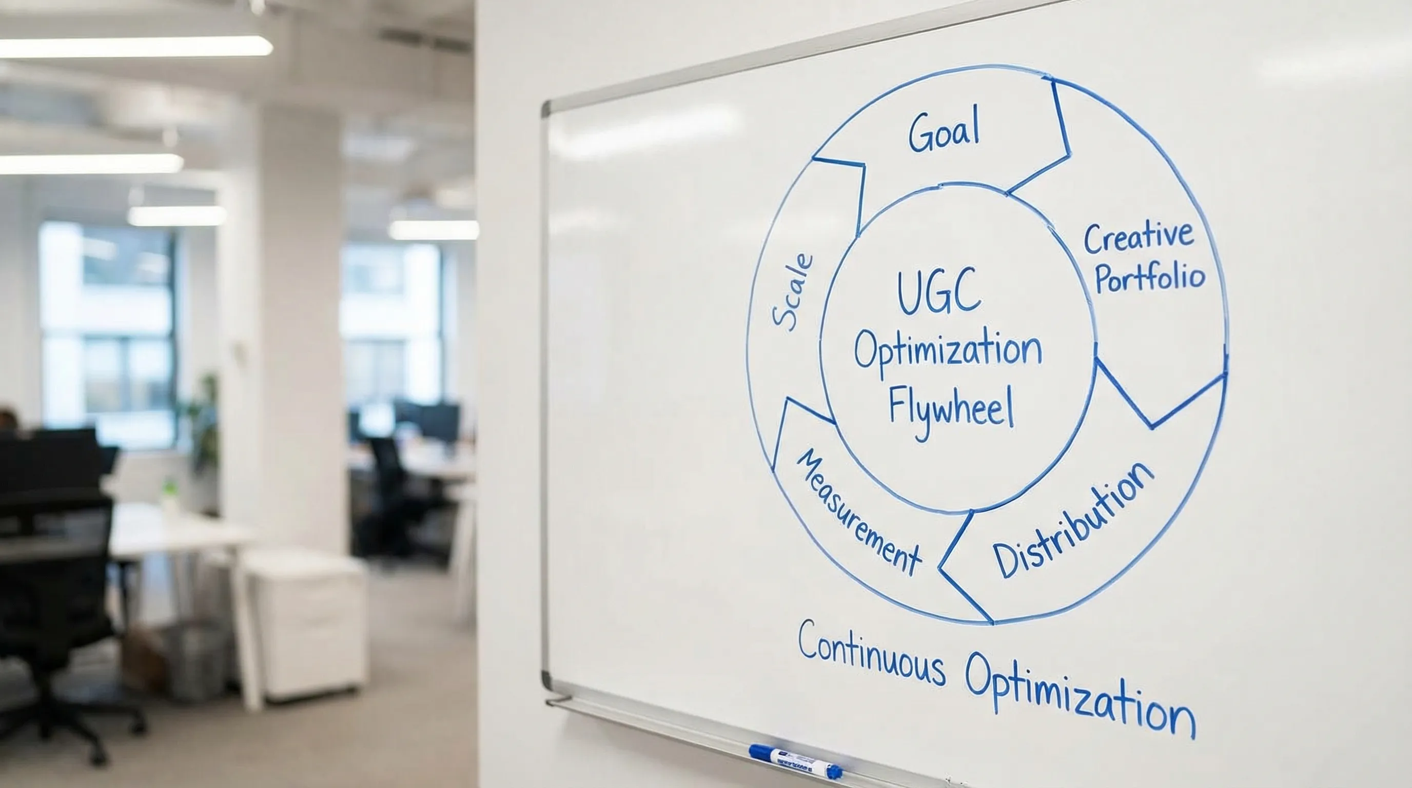 A simple flywheel diagram with five labeled steps: Goal, Creative Portfolio, Distribution, Measurement, and Scale, arranged in a circular loop to illustrate continuous UGC optimization.