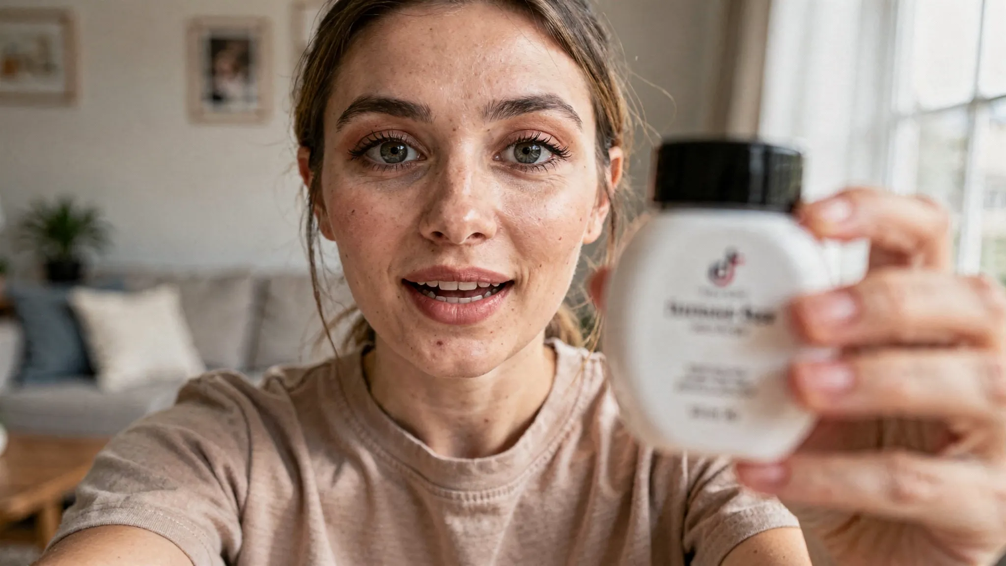 A UGC creator filming a casual selfie-style product demo at home, holding a product near the camera, with natural lighting and a simple background that feels like a real TikTok post.