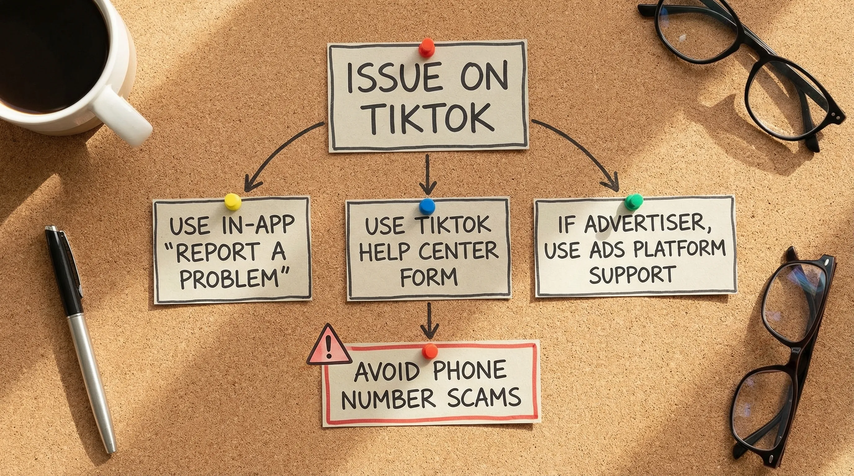 A simple flowchart showing “Issue on TikTok” leading to three paths: “Use in-app Report a problem,” “Use TikTok Help Center form,” and “If advertiser, use Ads platform support,” plus a warning branch labeled “Avoid phone number scams.”