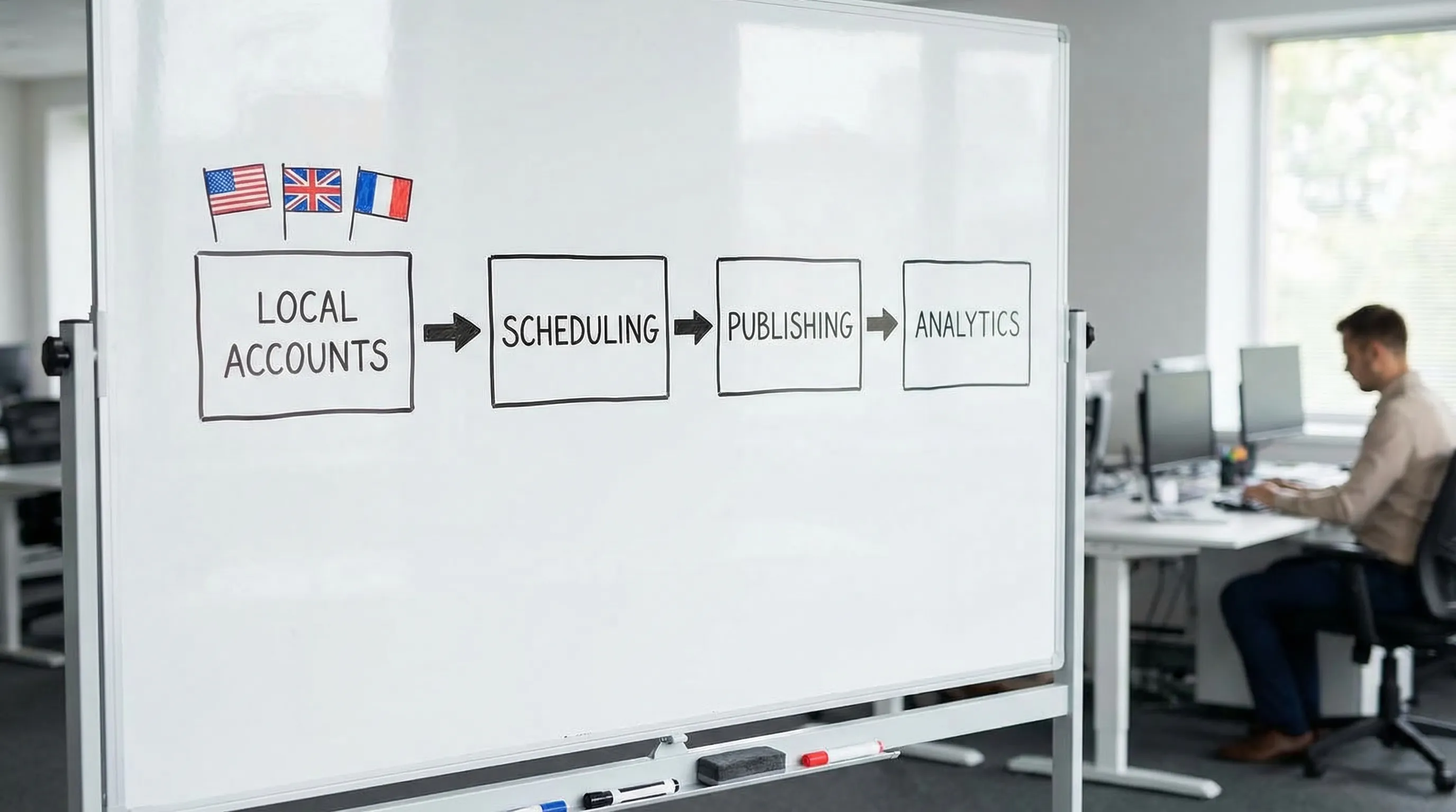 A clean workflow diagram with four labeled boxes connected by arrows: “Local accounts” → “Scheduling” → “Publishing” → “Analytics”, with small country flags above the first box to indicate multi-market operations.