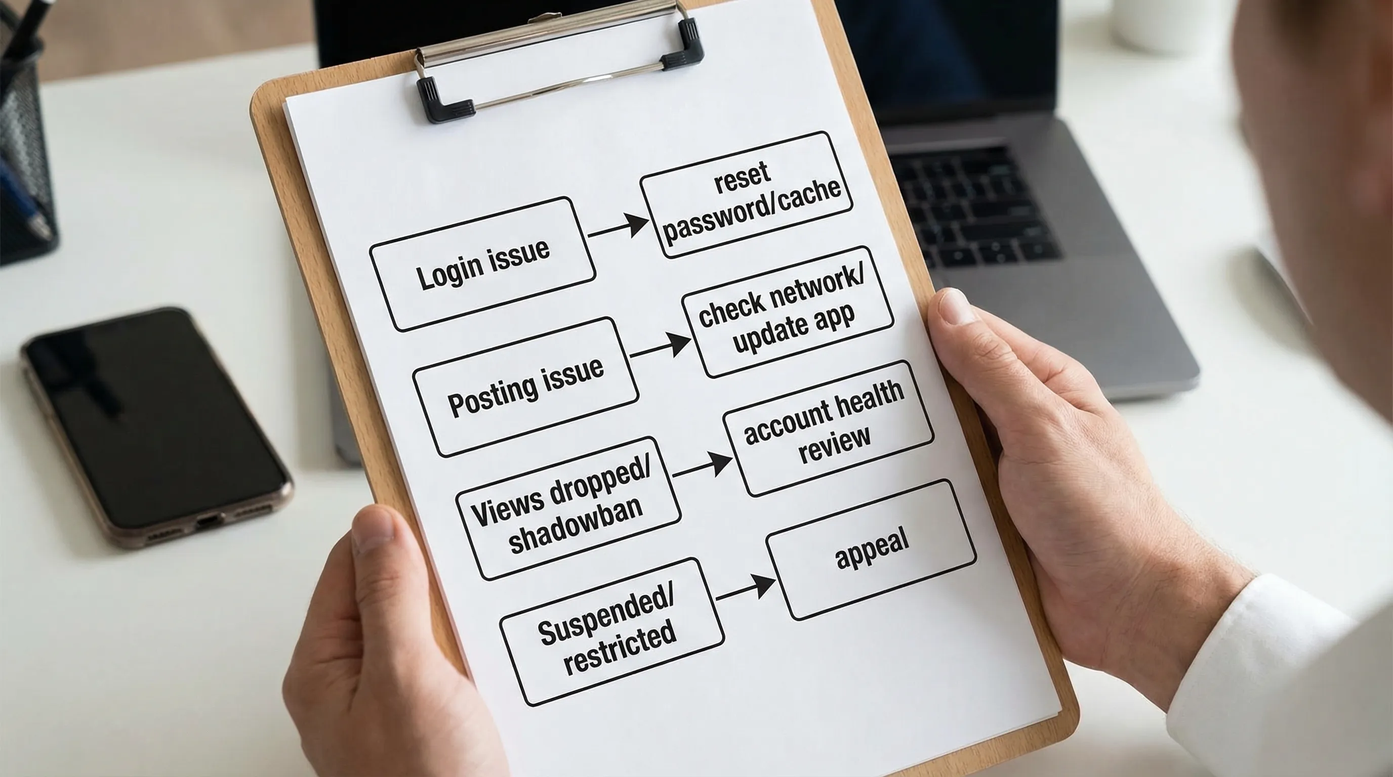 A simple TikTok troubleshooting flowchart with four boxes: “Login issue”, “Posting issue”, “Views dropped/shadowban”, and “Suspended/restricted”, each pointing to the next action like “reset”, “check network”, “account health review”, and “appeal”.