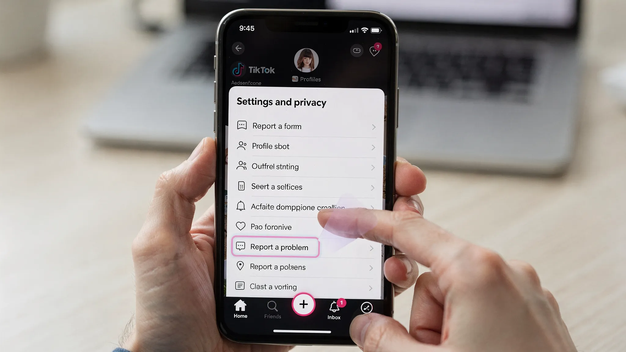 A clear illustration of the TikTok app settings screen showing the “Settings and privacy” menu and the “Report a problem” option highlighted, with a user navigating from Profile to the support form.