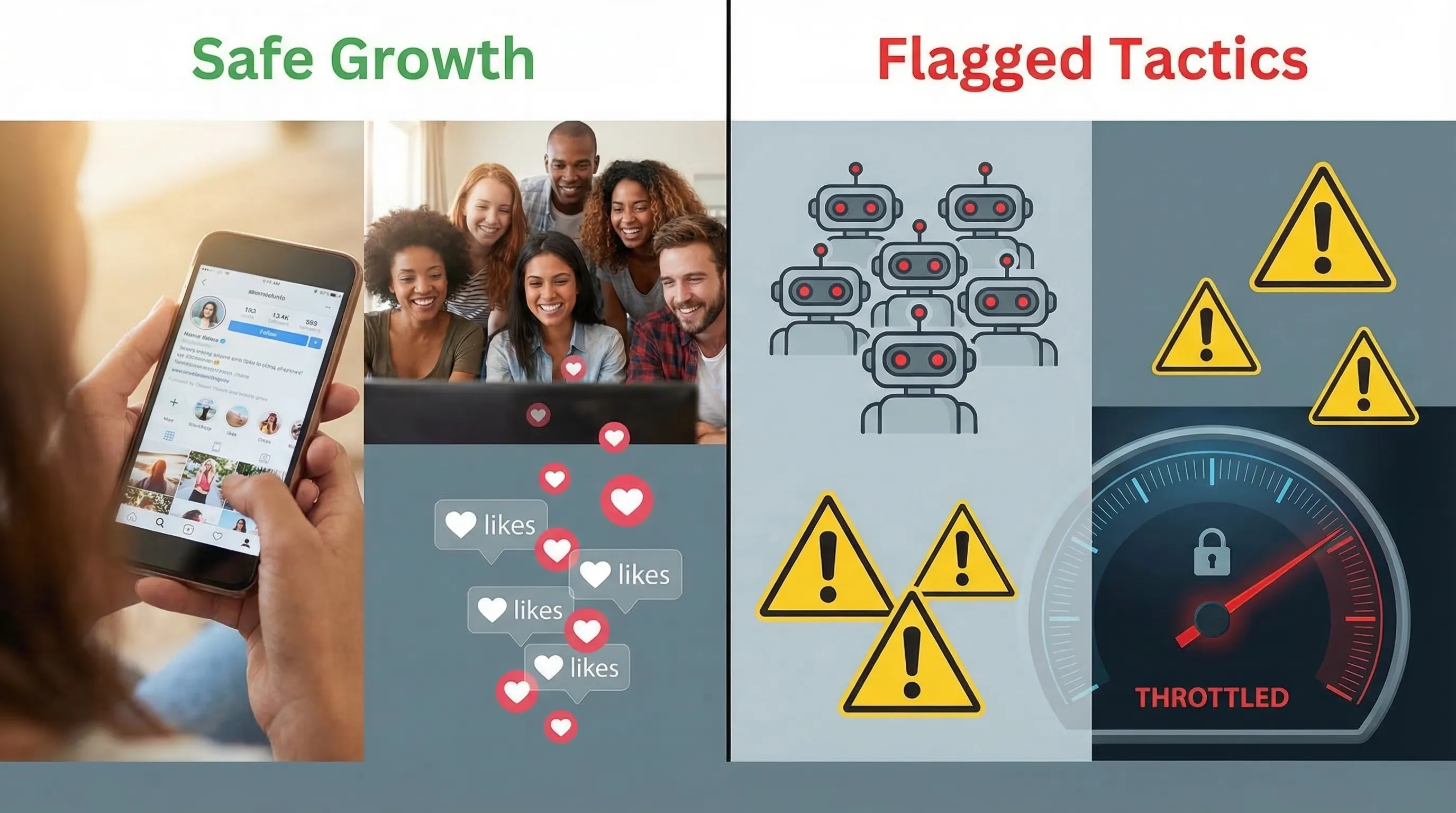A split-screen style illustration showing “Safe growth” on one side with a creator posting, viewers watching, and organic likes, and “Flagged tactics” on the other side with bot icons, warning symbols, and a throttled reach meter.