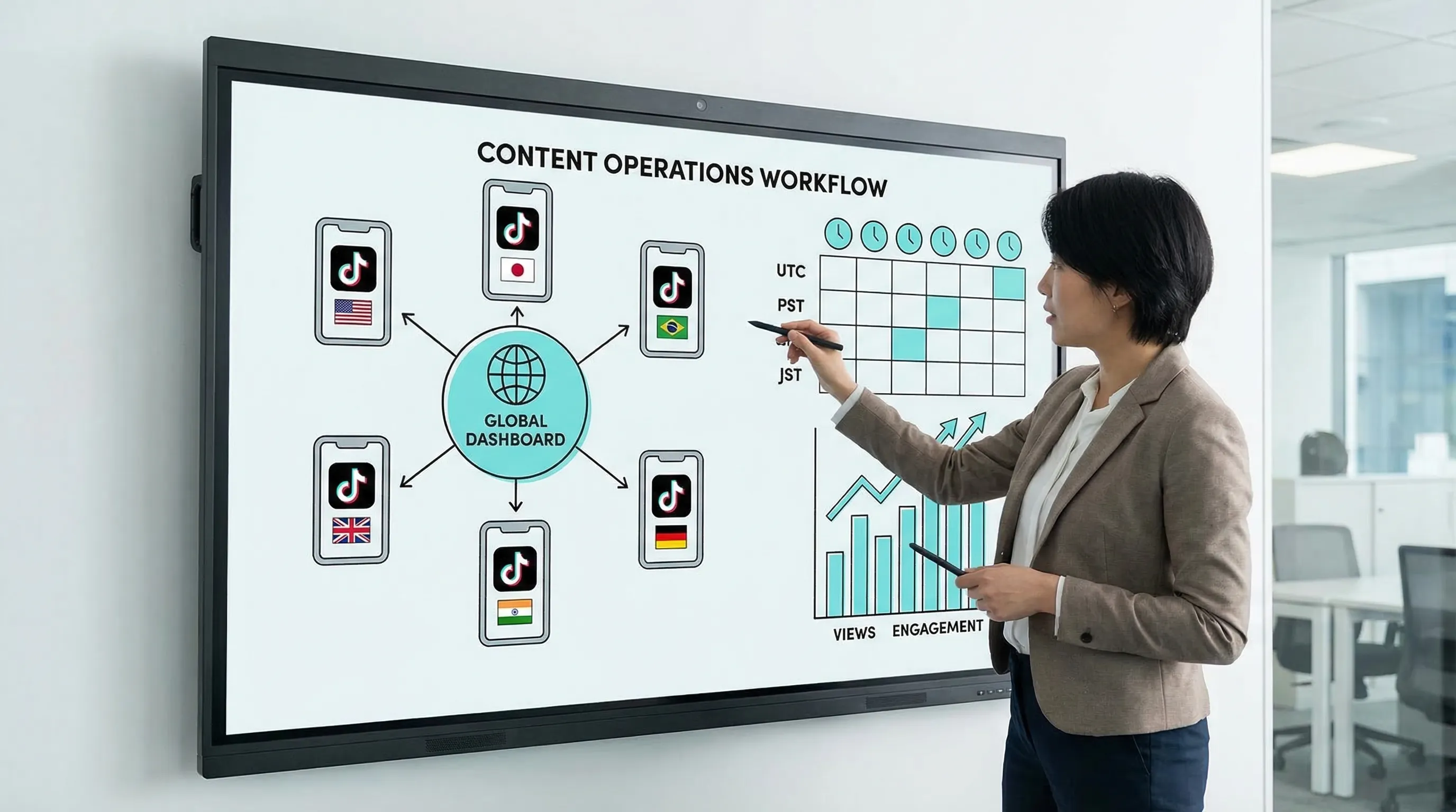 A clean illustration of a global content operations workflow: one central dashboard connected to multiple country TikTok accounts, a scheduling calendar with timezones, and basic analytics charts for views and engagement.