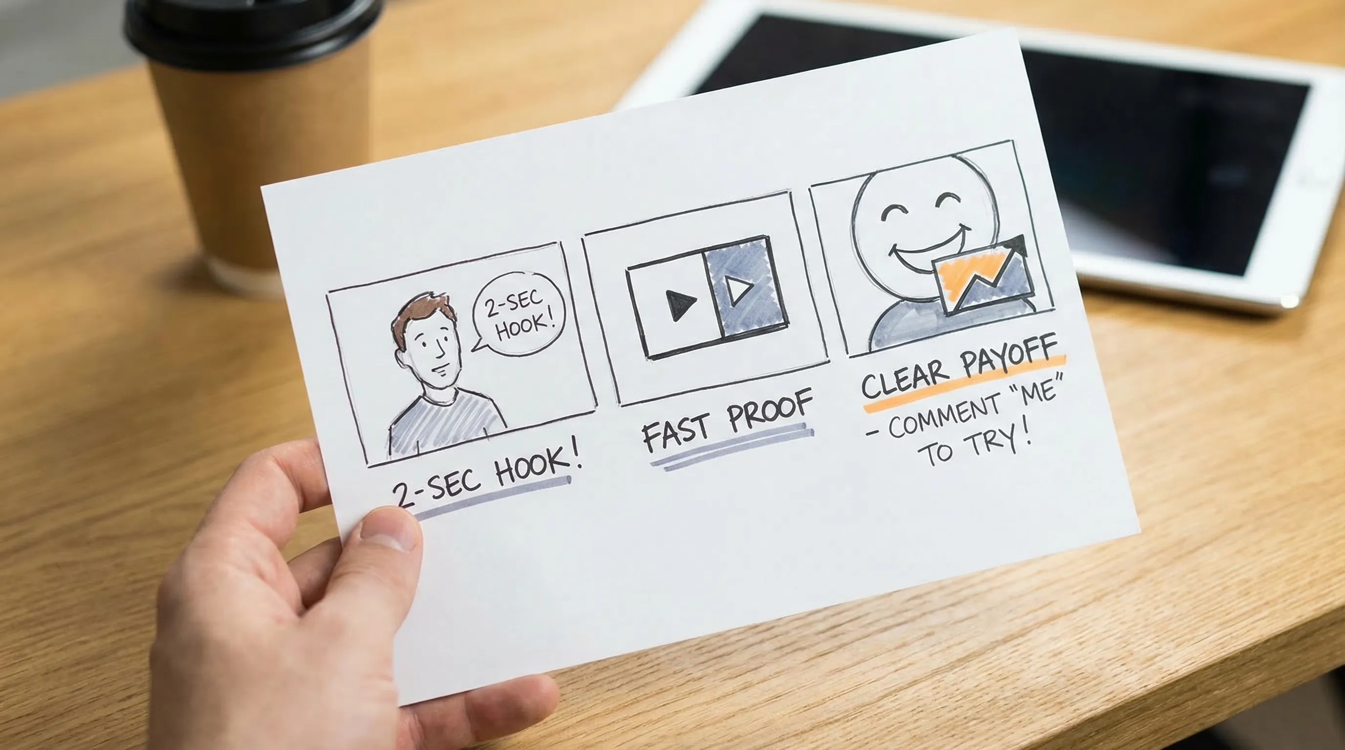 A simple storyboard-style illustration showing a TikTok video structure in three panels: a bold 2-second hook, a fast proof clip, and a clear payoff with on-screen text and a call to comment.