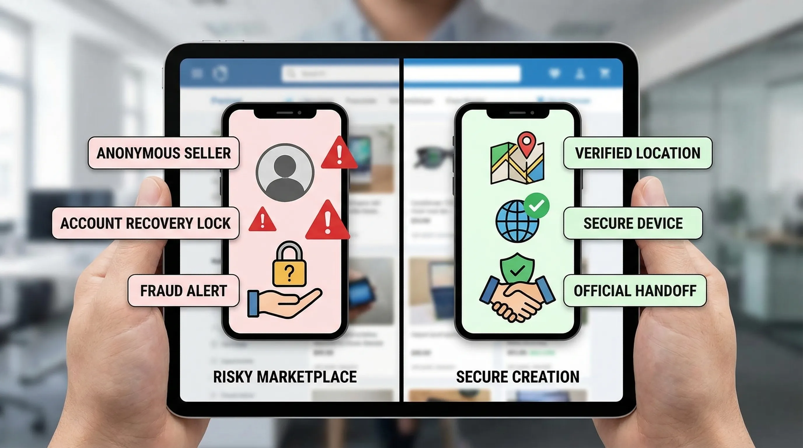A split-screen illustration showing a risky marketplace-style TikTok account purchase on the left (anonymous seller, warning symbols, recovery lock), and a legitimate geo-verified account creation workflow on the right (country selection, verified device, secure handoff).