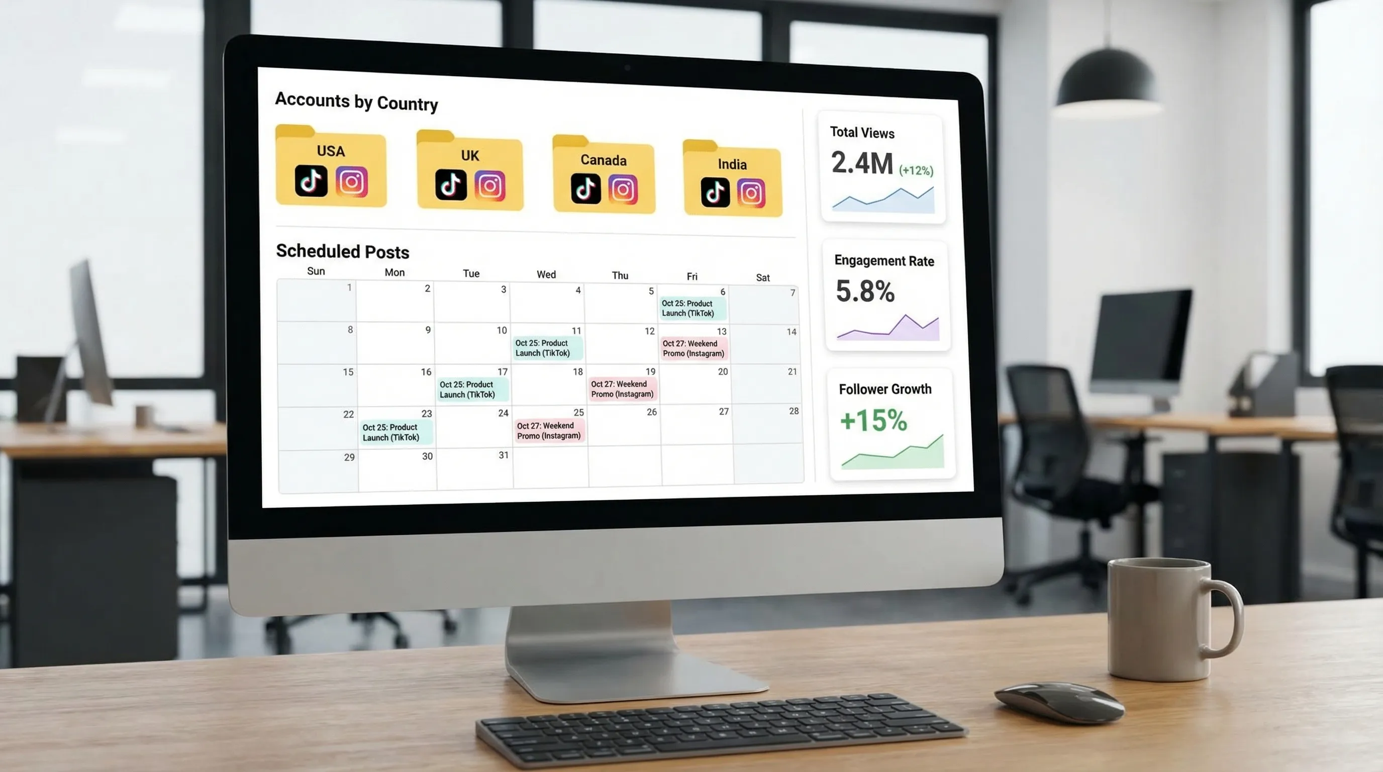 A clean dashboard-style scene showing multiple TikTok and Instagram accounts grouped by country with scheduled posts on a calendar and simple analytics cards for views, engagement, and growth.