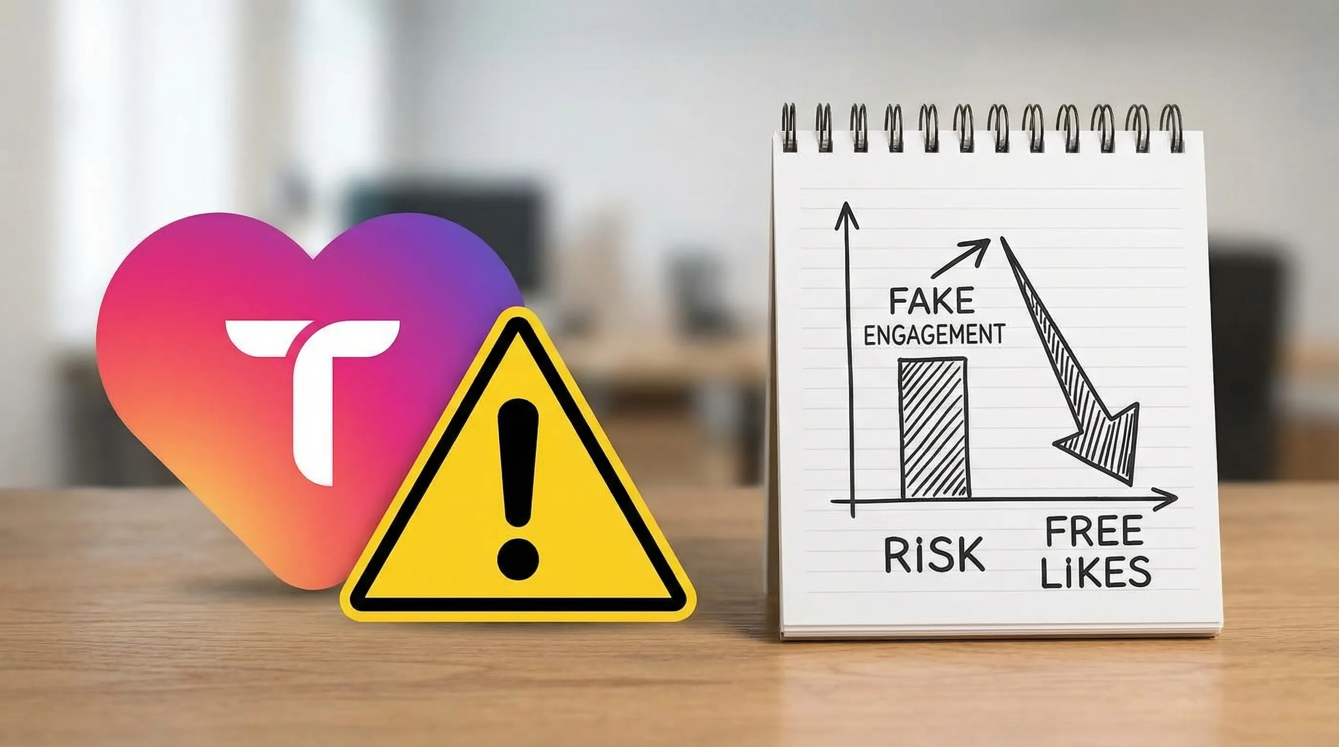 A close-up illustration of a TikTok-like heart icon next to a caution warning sign and a simple chart showing fake engagement spiking briefly then dropping, representing the risk of “free likes” tactics.