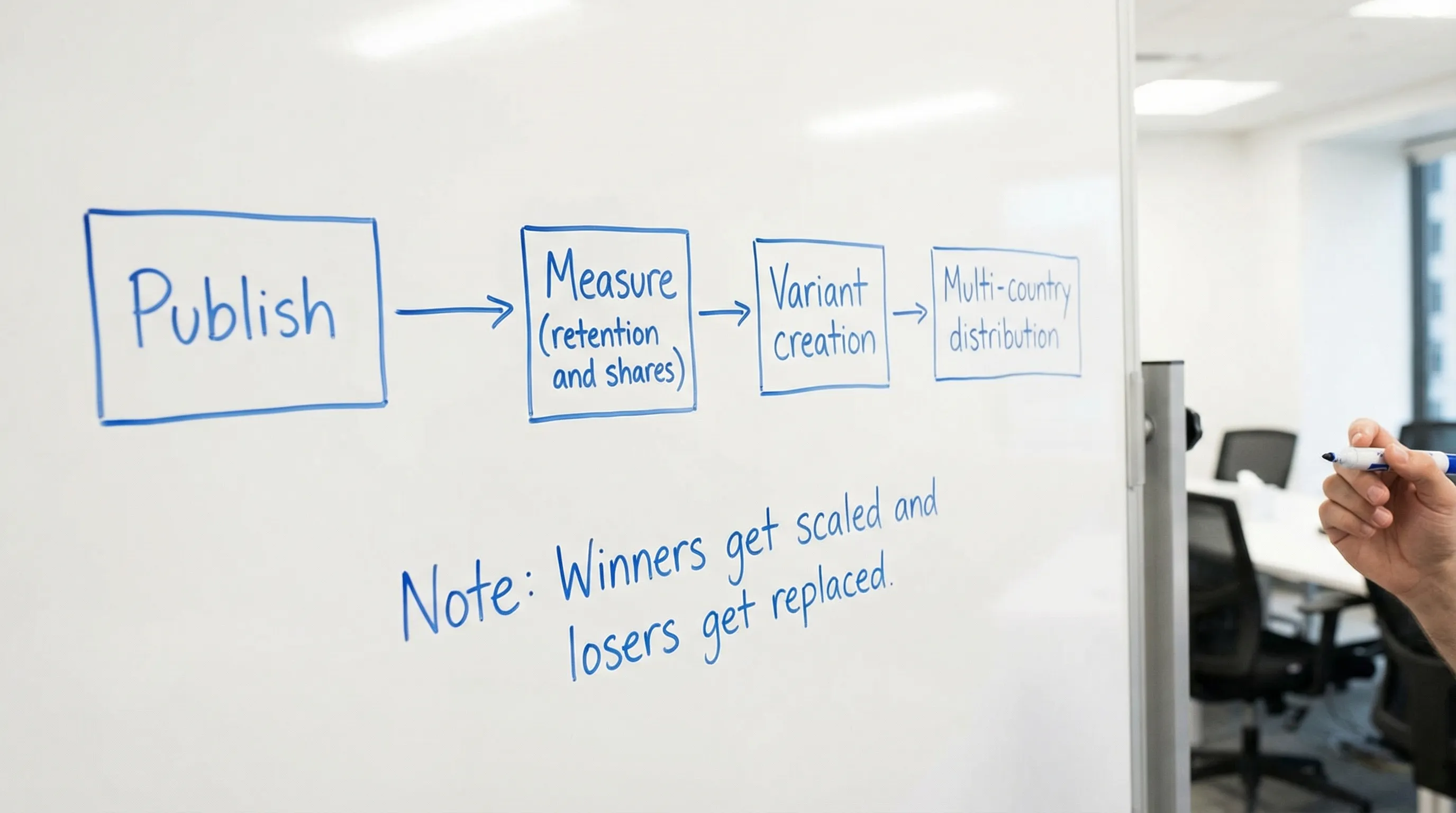A simple flow diagram with four boxes connected left to right: Publish, Measure (retention and shares), Variant creation, Multi-country distribution, with a note that winners get scaled and losers get replaced.