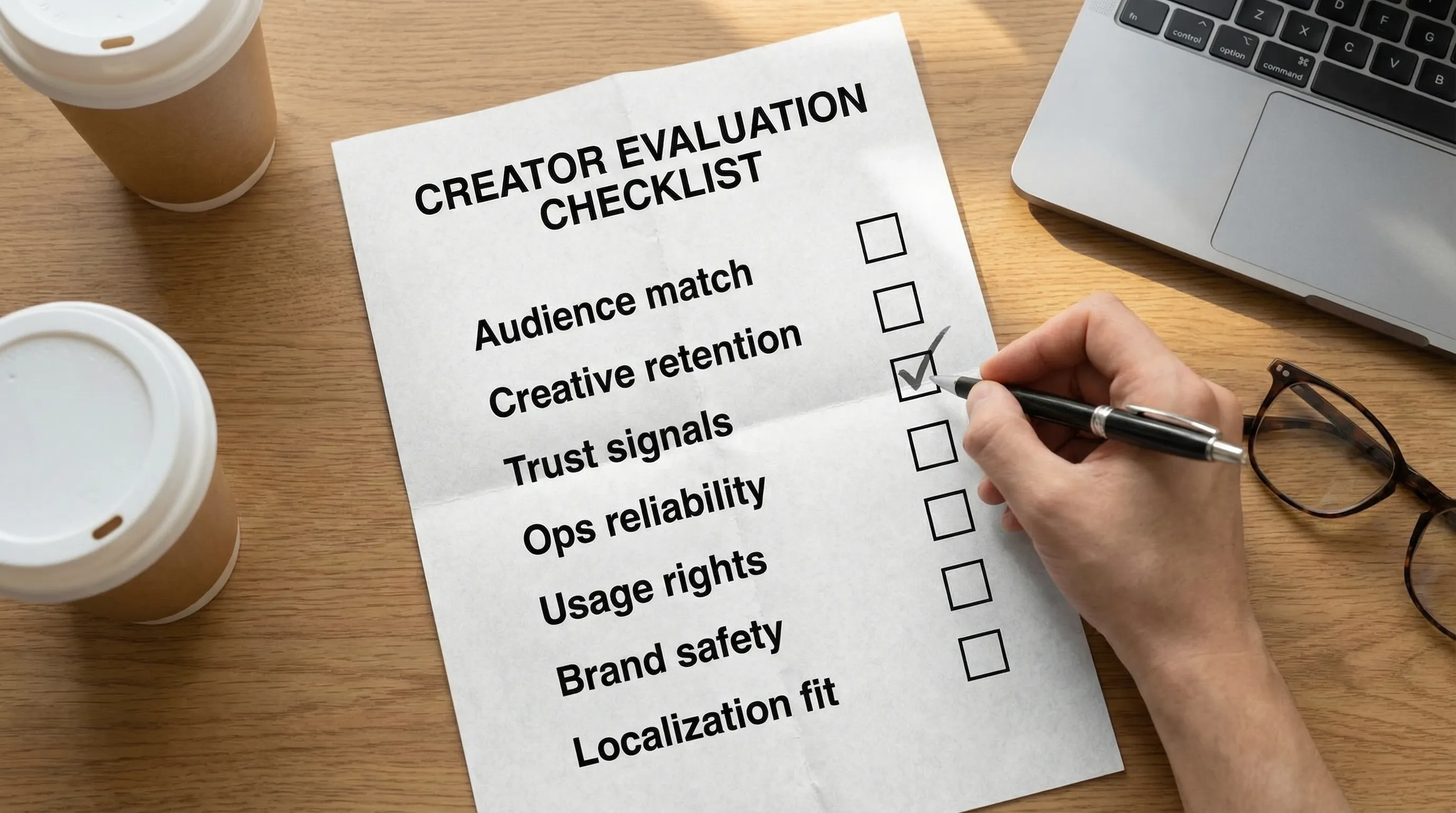 A creator evaluation checklist graphic with simple sections: Audience match, Creative retention, Trust signals, Ops reliability, Usage rights, Brand safety, Localization fit.