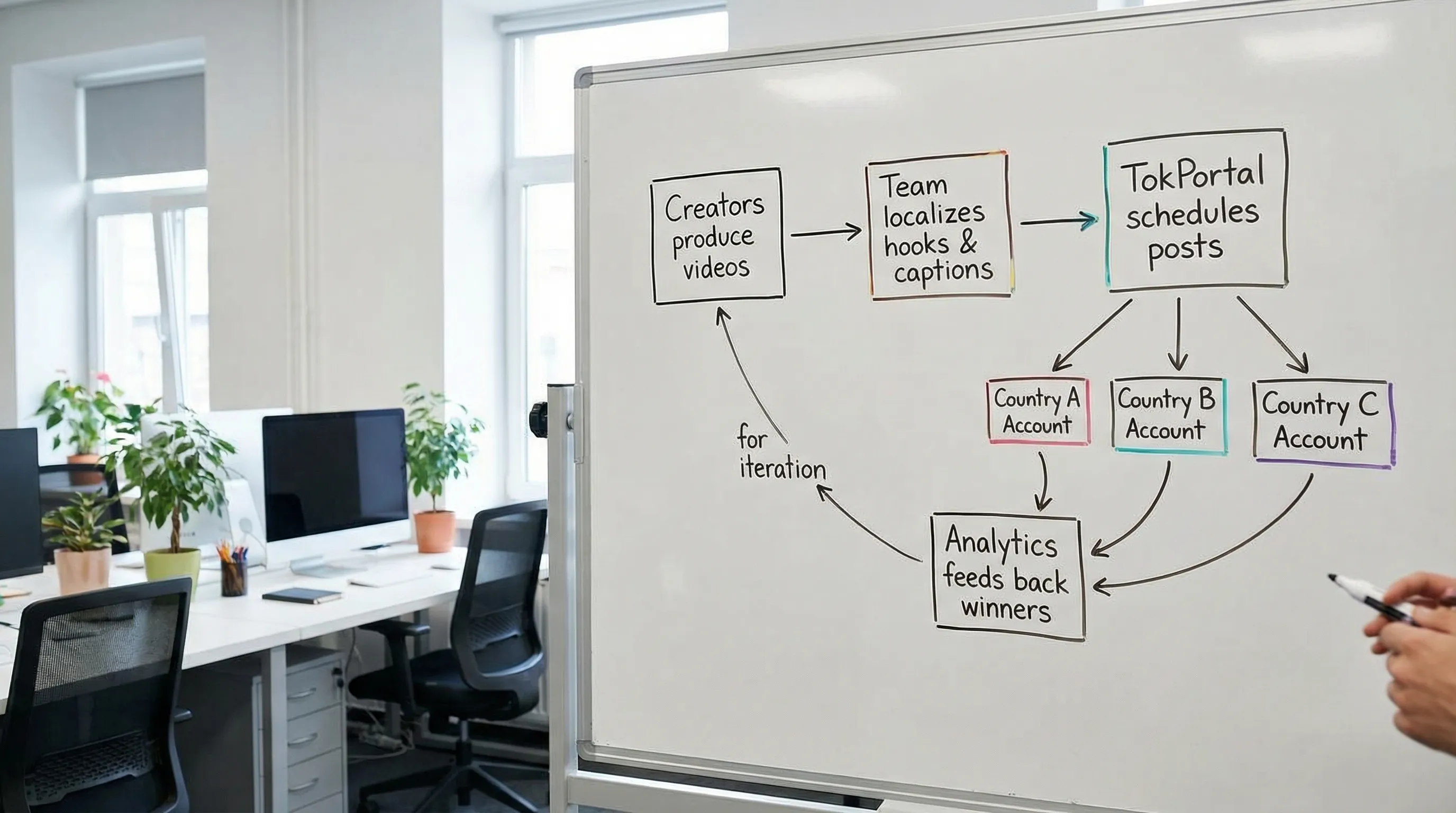 A simple workflow diagram showing: Creators produce videos, team localizes hooks and captions, TokPortal schedules posts to multiple country accounts, analytics feeds back winners for iteration.