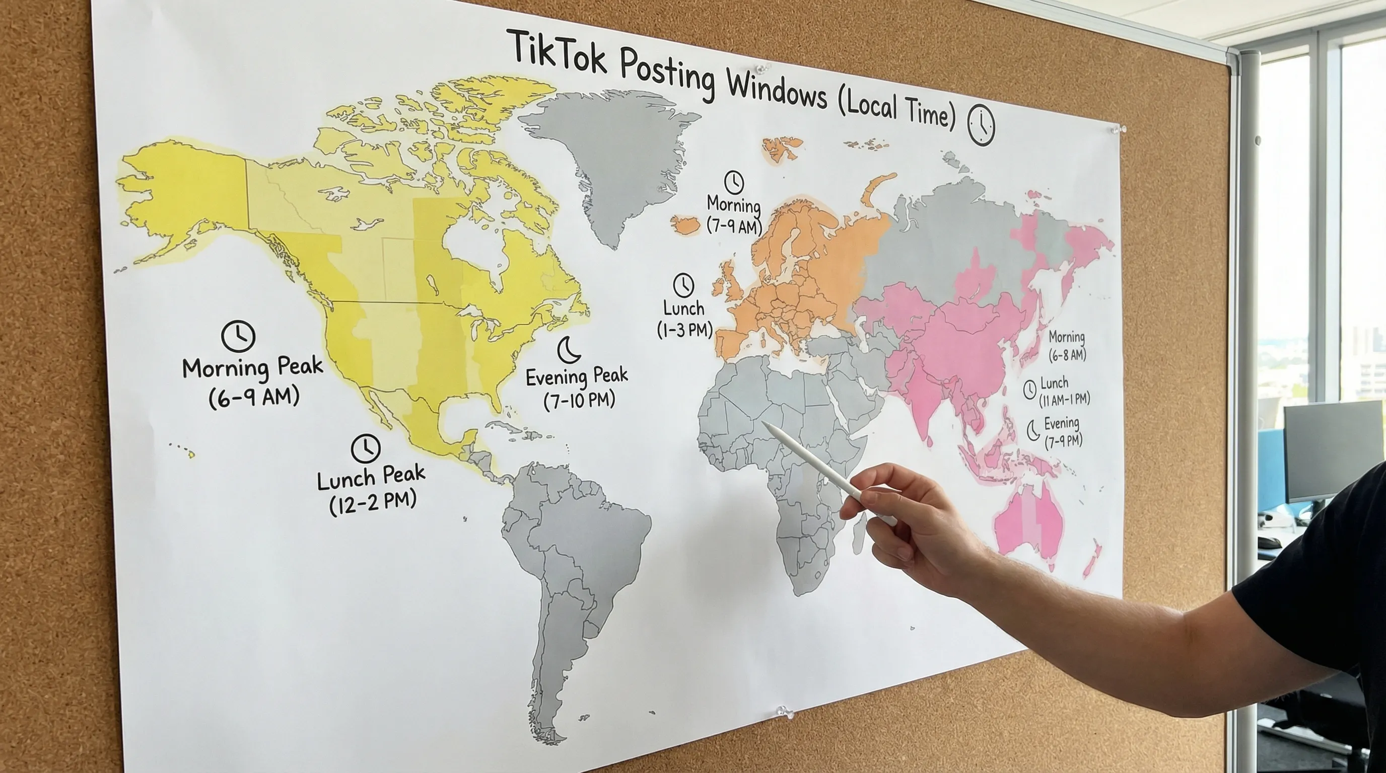 A world map with major time zones highlighted and simple daily TikTok posting windows labeled for North America, Europe, and Asia-Pacific, showing morning, lunch, and evening peaks in local time.