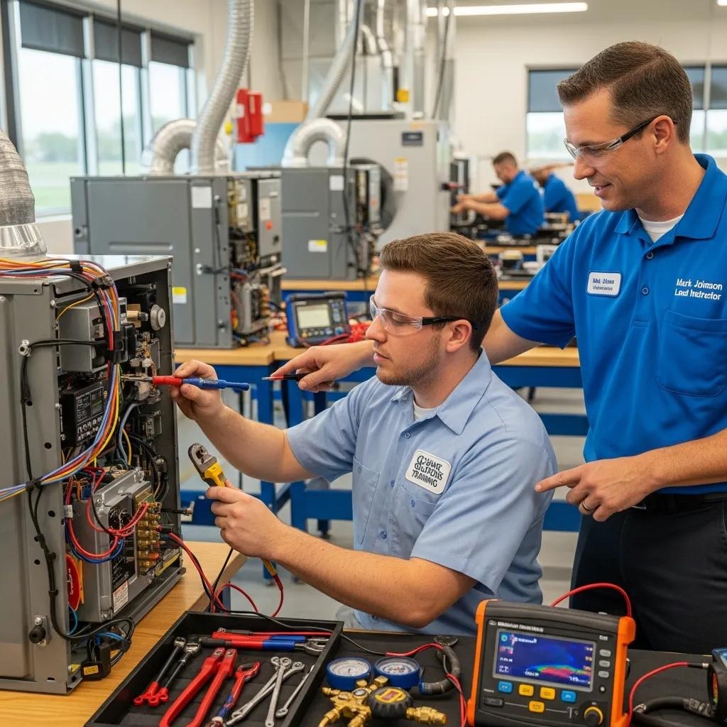 HVAC technician engaged in hands-on training, highlighting the importance of education and skill development