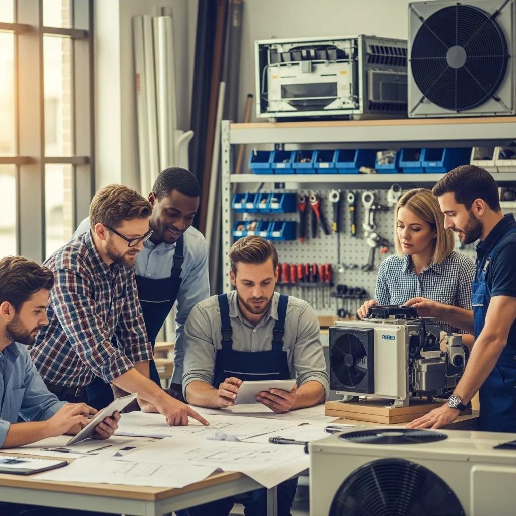 Diverse HVAC professionals collaborating in a modern workspace, emphasizing teamwork and innovation
