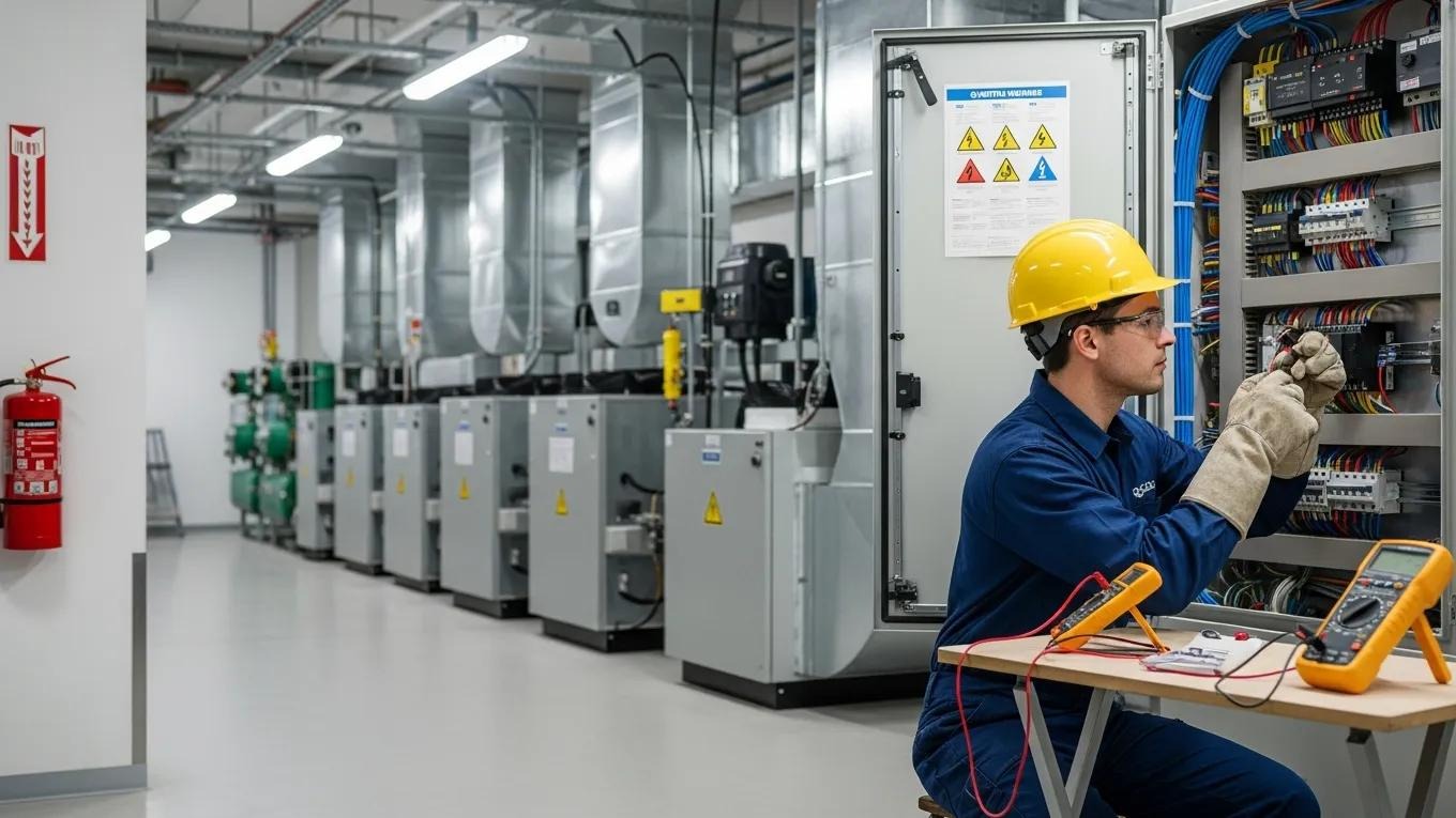 HVAC technician inspecting high-voltage electrical system in a safe workspace
