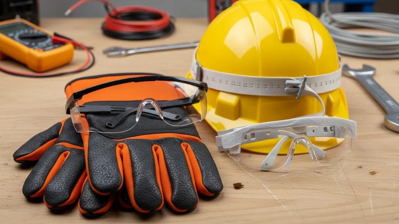 Essential PPE for HVAC professionals including insulated gloves, safety glasses, and hard hat