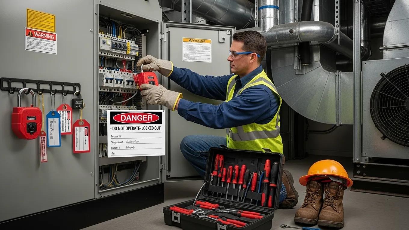 Technician applying lockout device to electrical panel during LOTO procedure