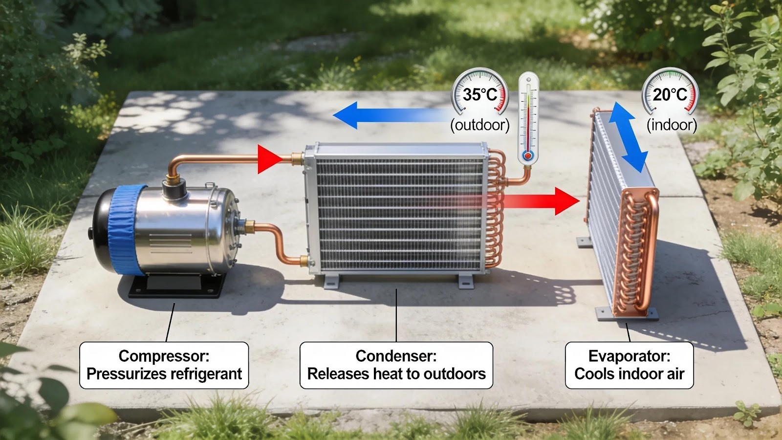 Diagrammatic representation of the HVAC cooling process and refrigeration cycle