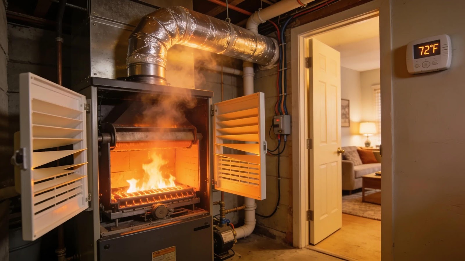 Illustration of the HVAC heating process with a furnace and warm air distribution