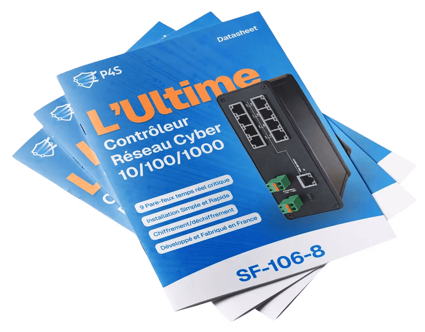 Brochures en pile pour le contrôleur réseau cyber P4S SF-106-8 affichant un appareil noir à plusieurs ports Ethernet.