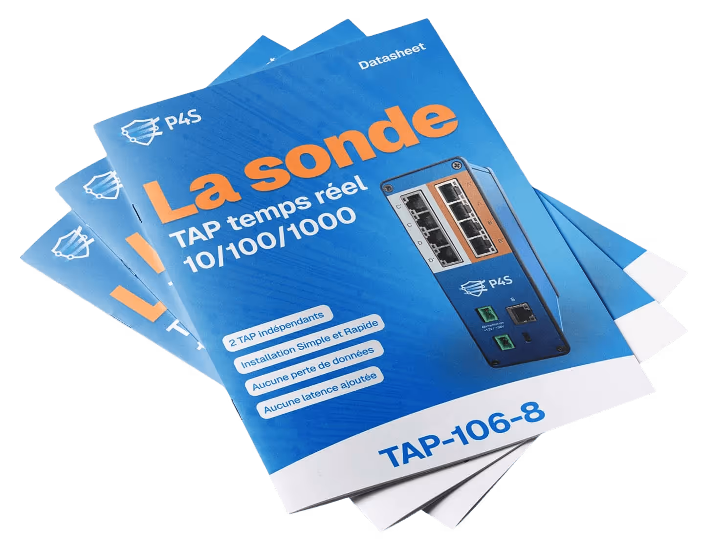 Brochures bleues empilées présentant La sonde TAP temps réel 10/100/1000 avec image de l'appareil TAP-106-8.