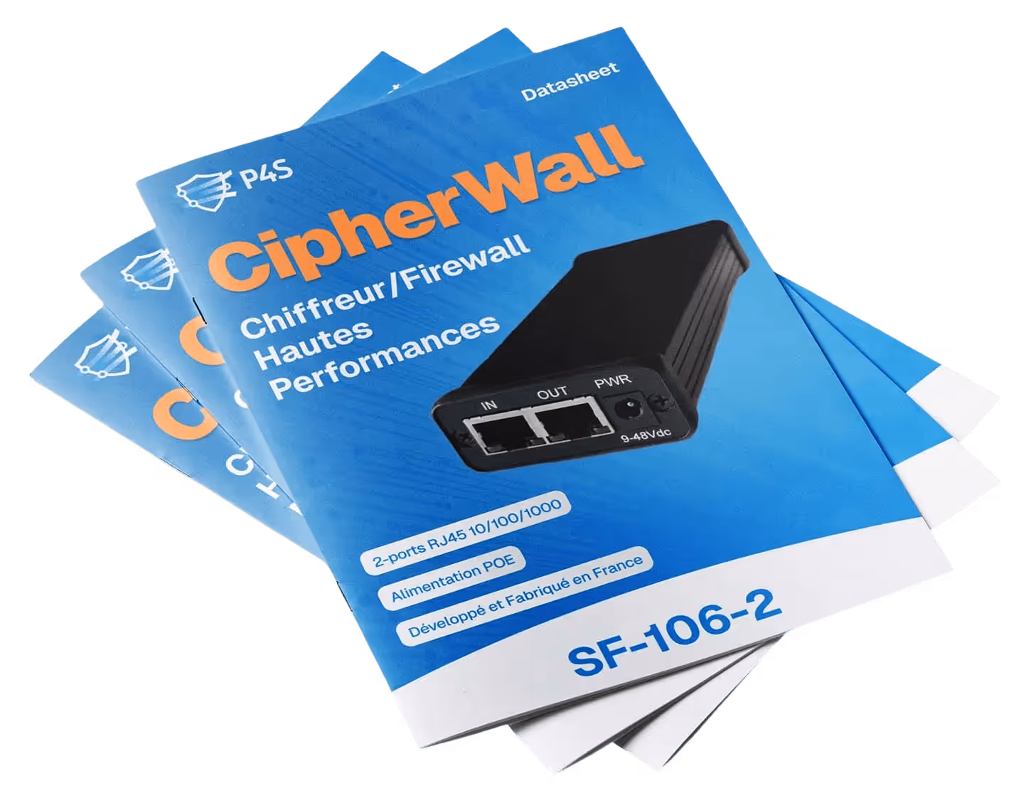 Plaquette technique bleue pour le CipherWall, un pare-feu chiffré haute performance avec ports RJ45 et alimentation POE, modèle SF-106-2.