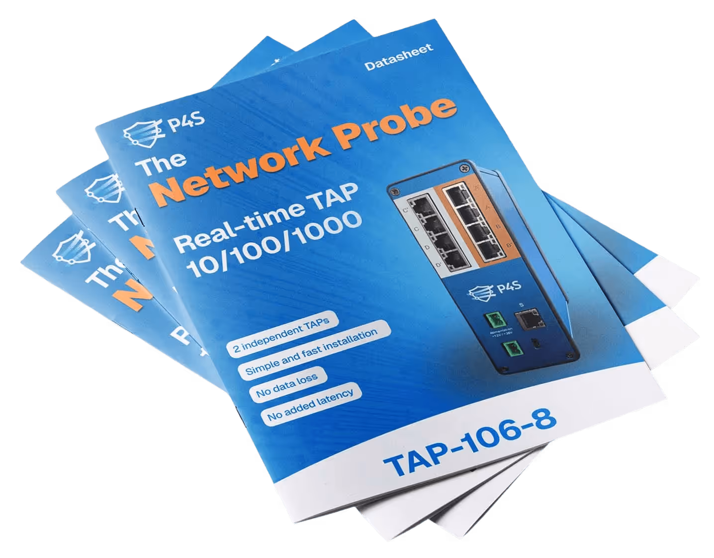 Brochures bleues du TAP-106-8 pour sonde réseau en temps réel 10/100/1000 avec installation rapide et sans perte de données.