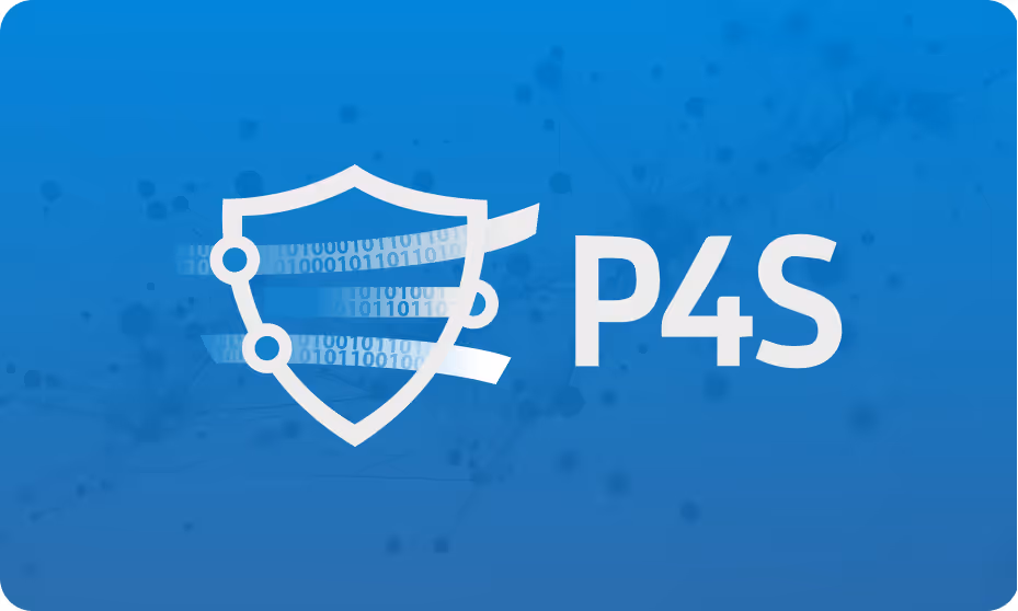 Bouclier blanc stylisé avec des lignes de code binaire en arrière-plan sur fond bleu, à côté du texte P4S.