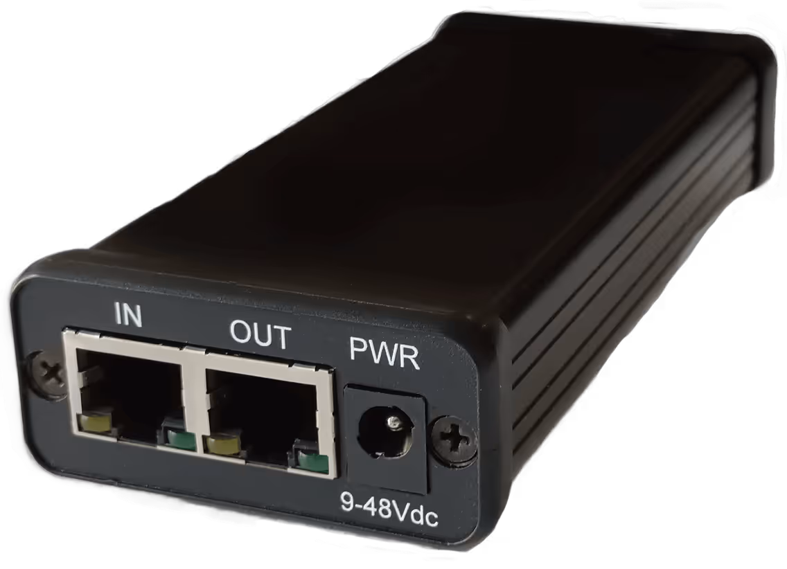 Boîtier noir avec deux ports Ethernet étiquetés IN et OUT, et une prise d'alimentation 9-48Vdc.