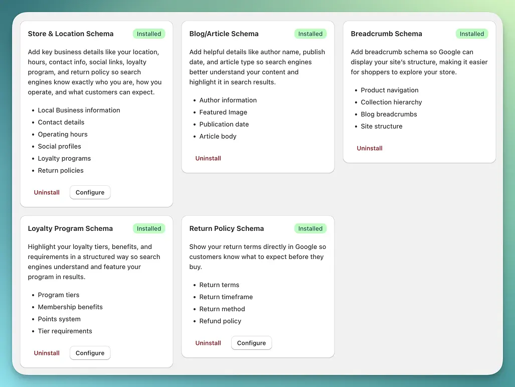Schema Ninja Shopify app dashboard