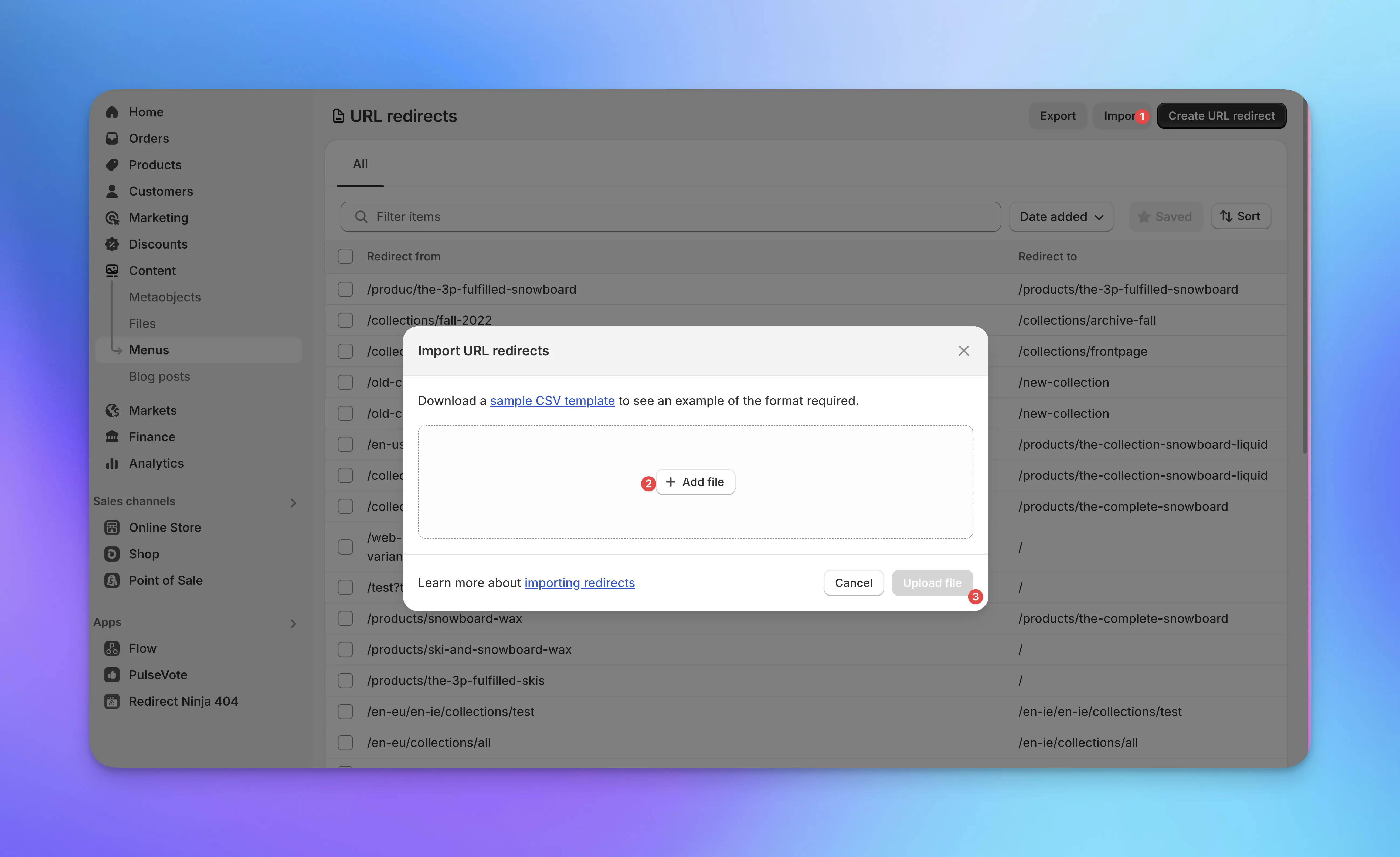Screenshot of the import redirects modal on Shopify Admin