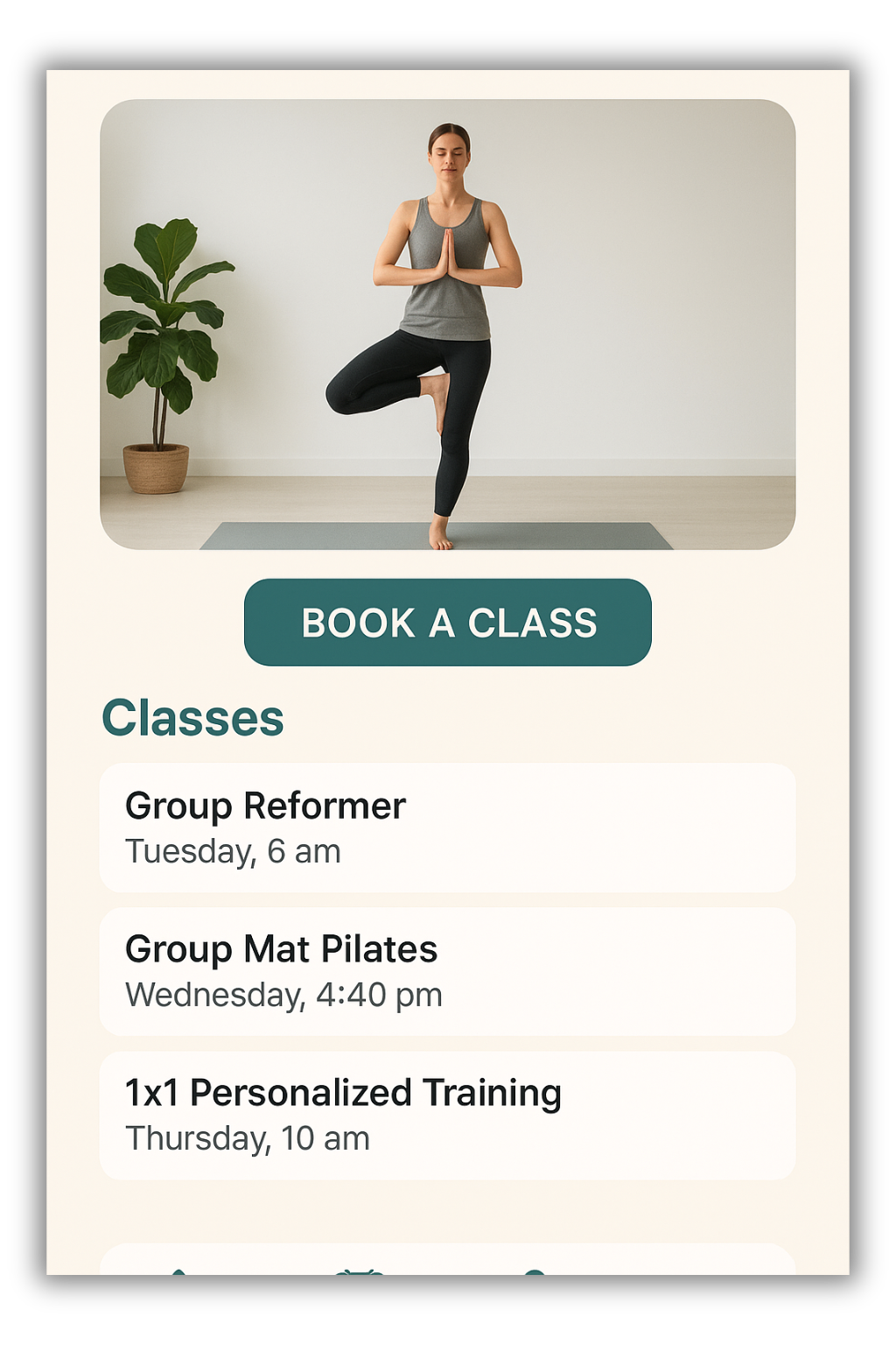 Screenshot of upcoming Yoga and Pilates mobile app from Saans Studio.