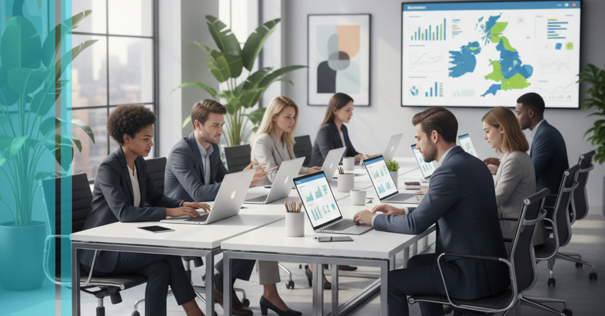 A diverse group of UK professionals, including men and women in business attire, are seated at white tables in a modern, brightly-lit office. They are reviewing compliance and business data on sleek laptops and a large wall-mounted screen which displays a 
