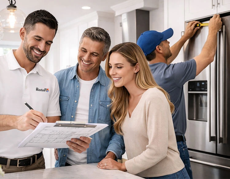 RestoFlo kitchen remodeling consultation with homeowners in a modern kitchen.