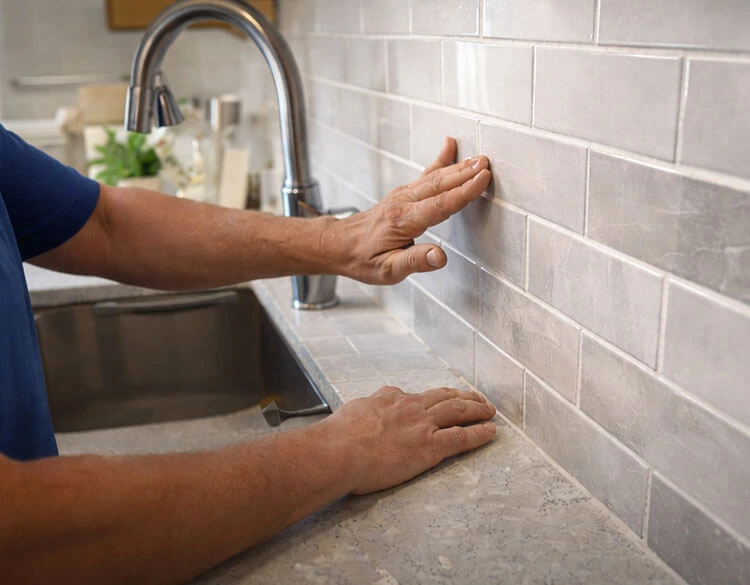 Close-up of a professional installing a light gray subway tile backsplash in a modern kitchen with stone countertop and stainless steel sink.