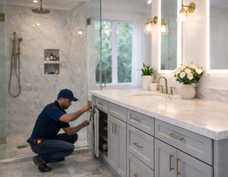 RestoFlo contractor completing work in a modern luxury bathroom remodel with marble tile and custom vanity.