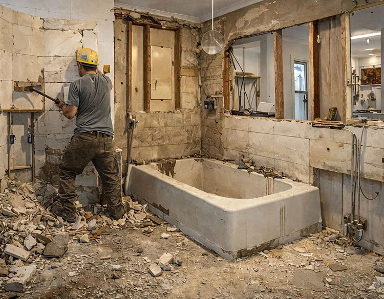 Bathroom remodeling demolition in progress with contractor removing old tile and walls during full bathroom renovation