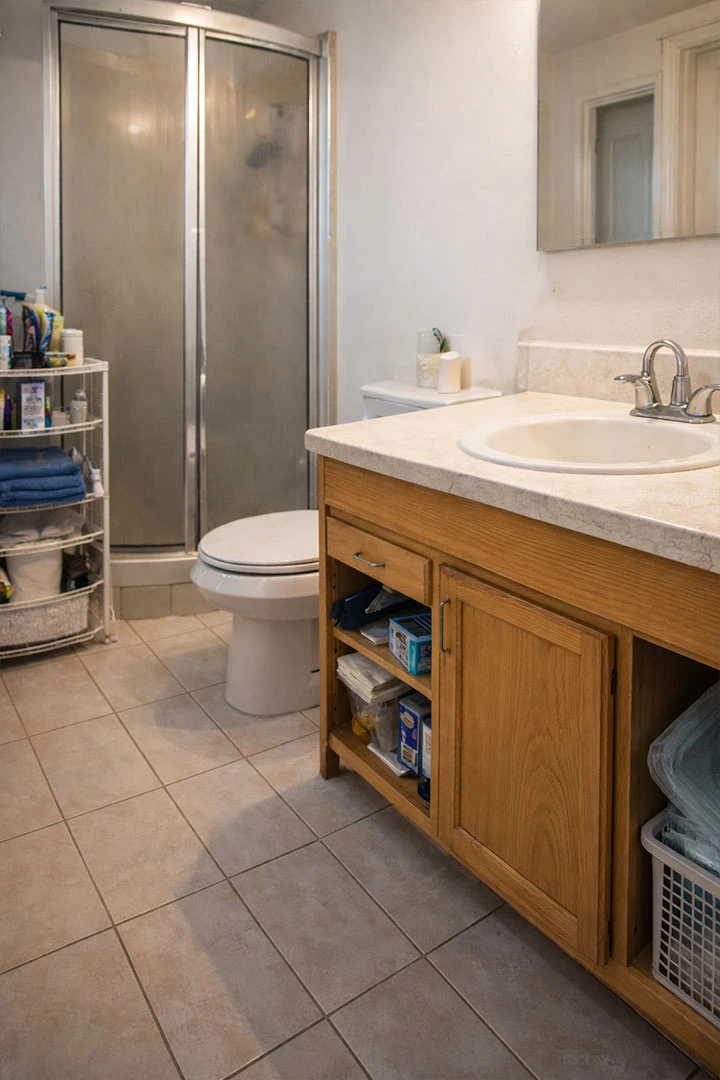 Small outdated bathroom with cramped layout, basic vanity, toilet, and shower—signs a bathroom remodel may be needed to improve functionality and storage