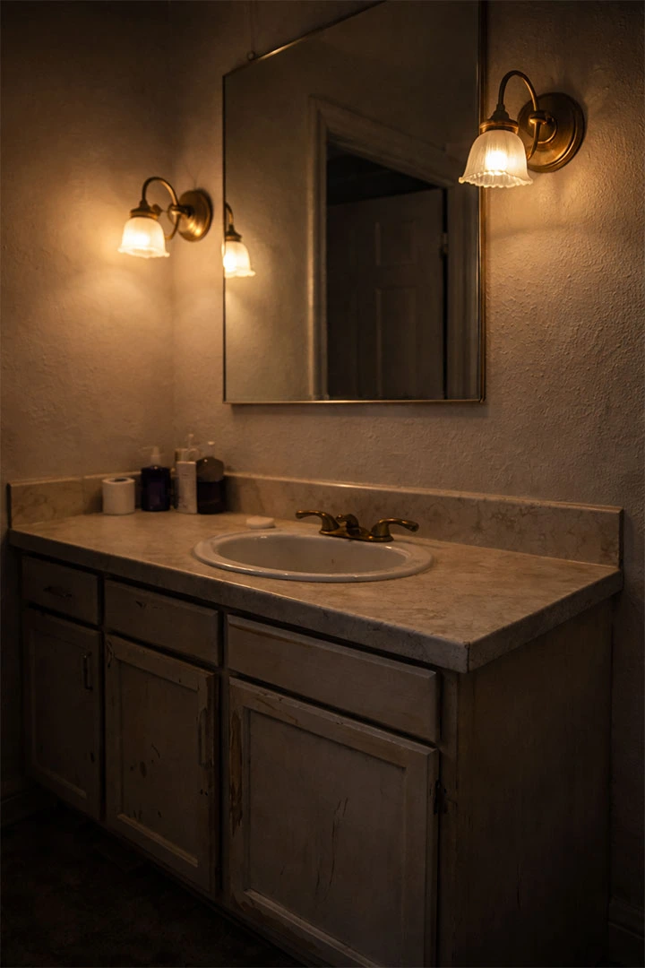 Outdated bathroom with aging tub, plumbing fixtures, and poor lighting indicating need for a full bathroom remodel.