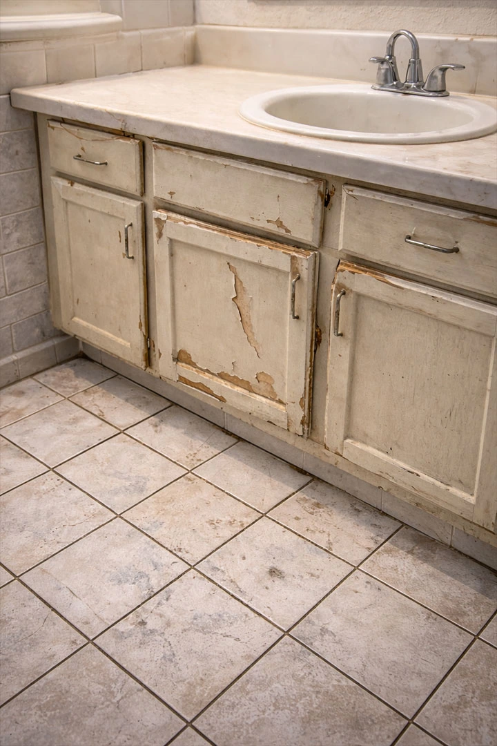 Worn bathroom vanity with peeling paint, damaged cabinet doors, and outdated finishes indicating need for bathroom remodeling.