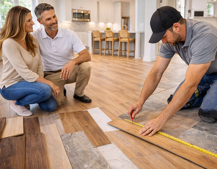Professional flooring replacement installation with luxury vinyl plank flooring in a modern South Florida home, featuring expert craftsmanship and homeowner consultation by RestoFlo.