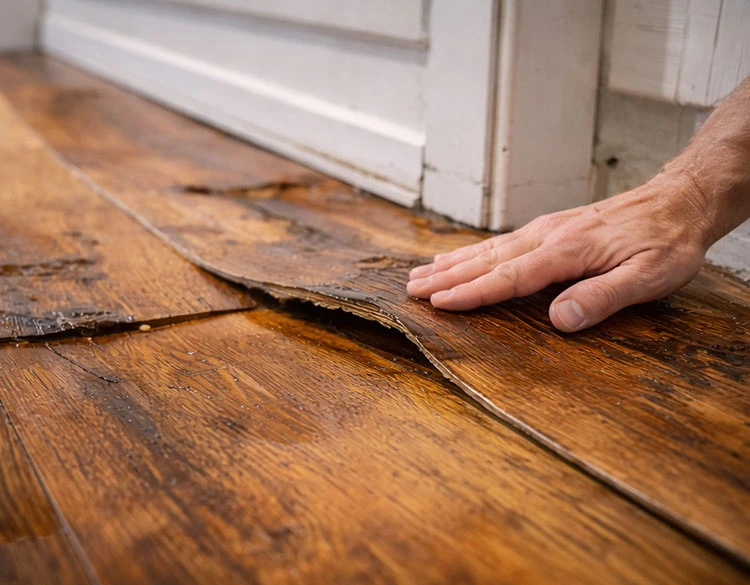 Water-damaged hardwood flooring with warped planks caused by moisture exposure, highlighting the need for professional flooring replacement services.