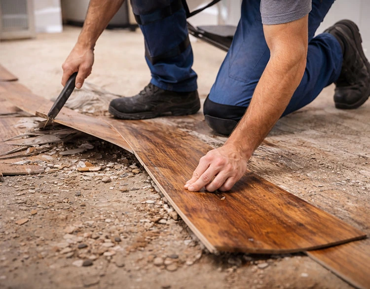 Professional flooring contractor removing damaged laminate planks during a residential flooring replacement project, preparing the subfloor for new installation.