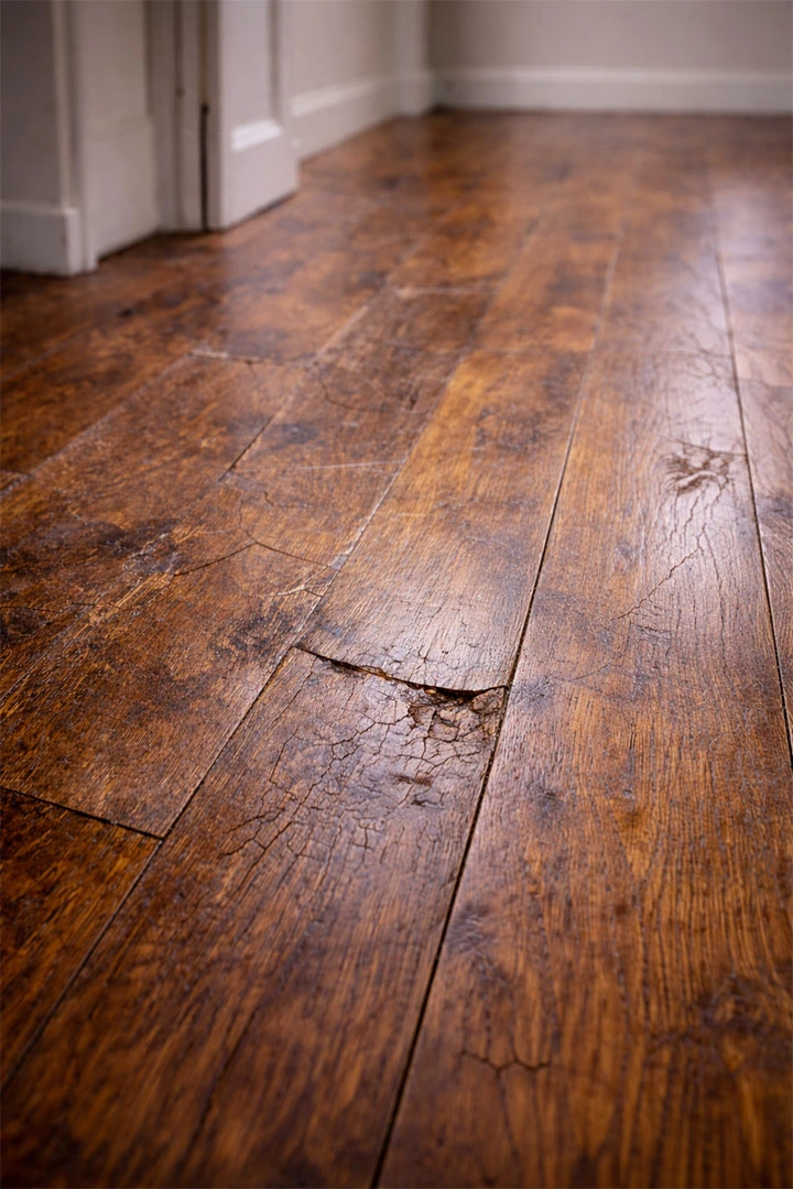 Damaged hardwood flooring with deep scratches and cracks showing signs that new flooring replacement is needed in a residential home