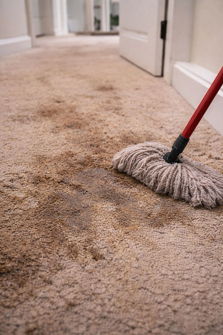 Stained and worn carpet flooring that is difficult to clean, indicating the need for modern flooring replacement in a home