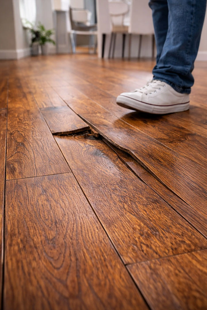 Warped hardwood flooring caused by moisture and humidity, illustrating common flooring issues requiring professional replacement