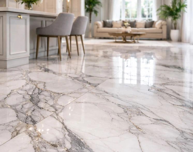 Luxury marble flooring installation in a modern home, featuring polished white marble tiles with elegant gray veining, ideal for high-end flooring replacement and home remodeling.