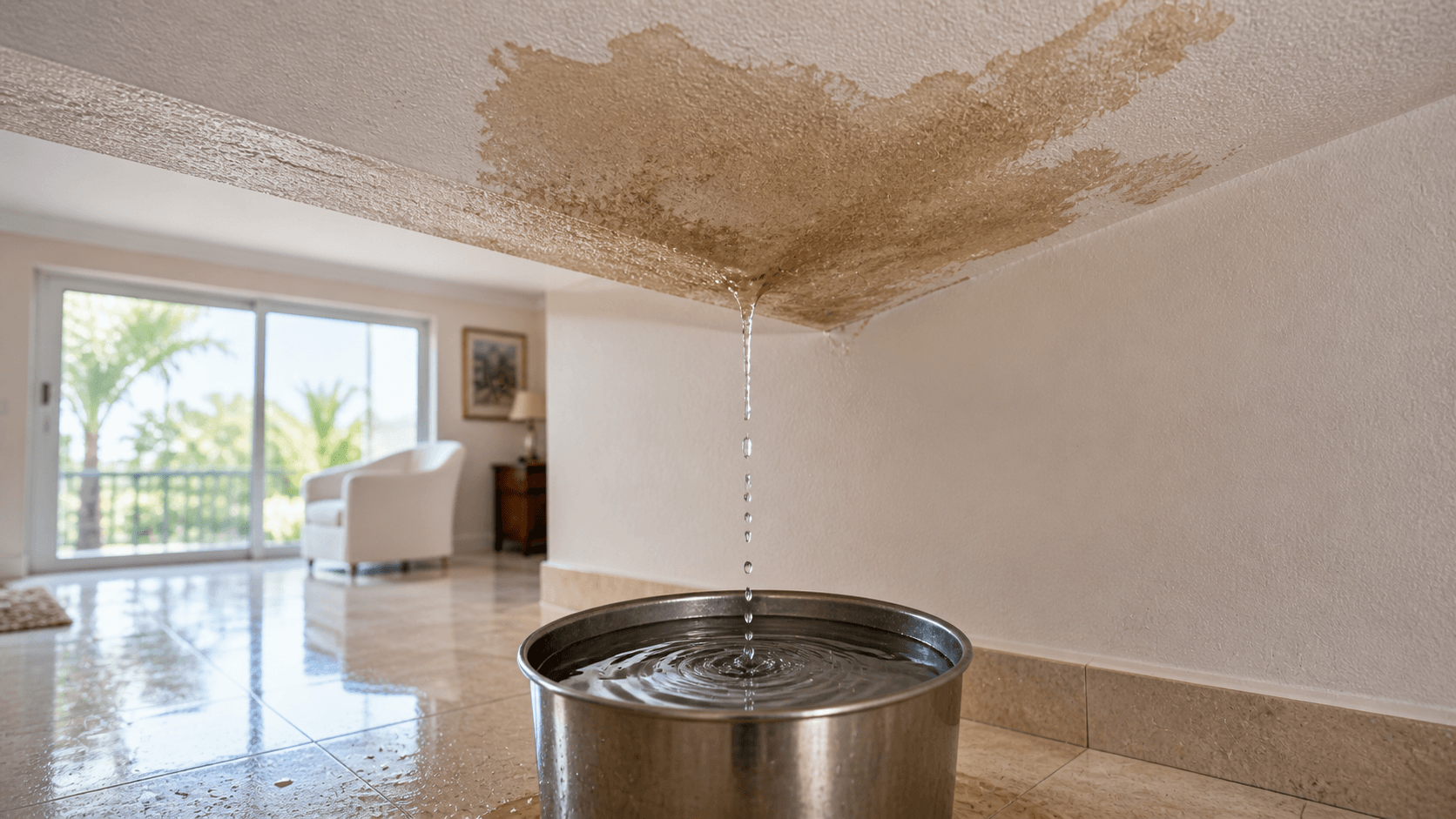 Ceiling stain dripping into a bucket from a Florida roof leak