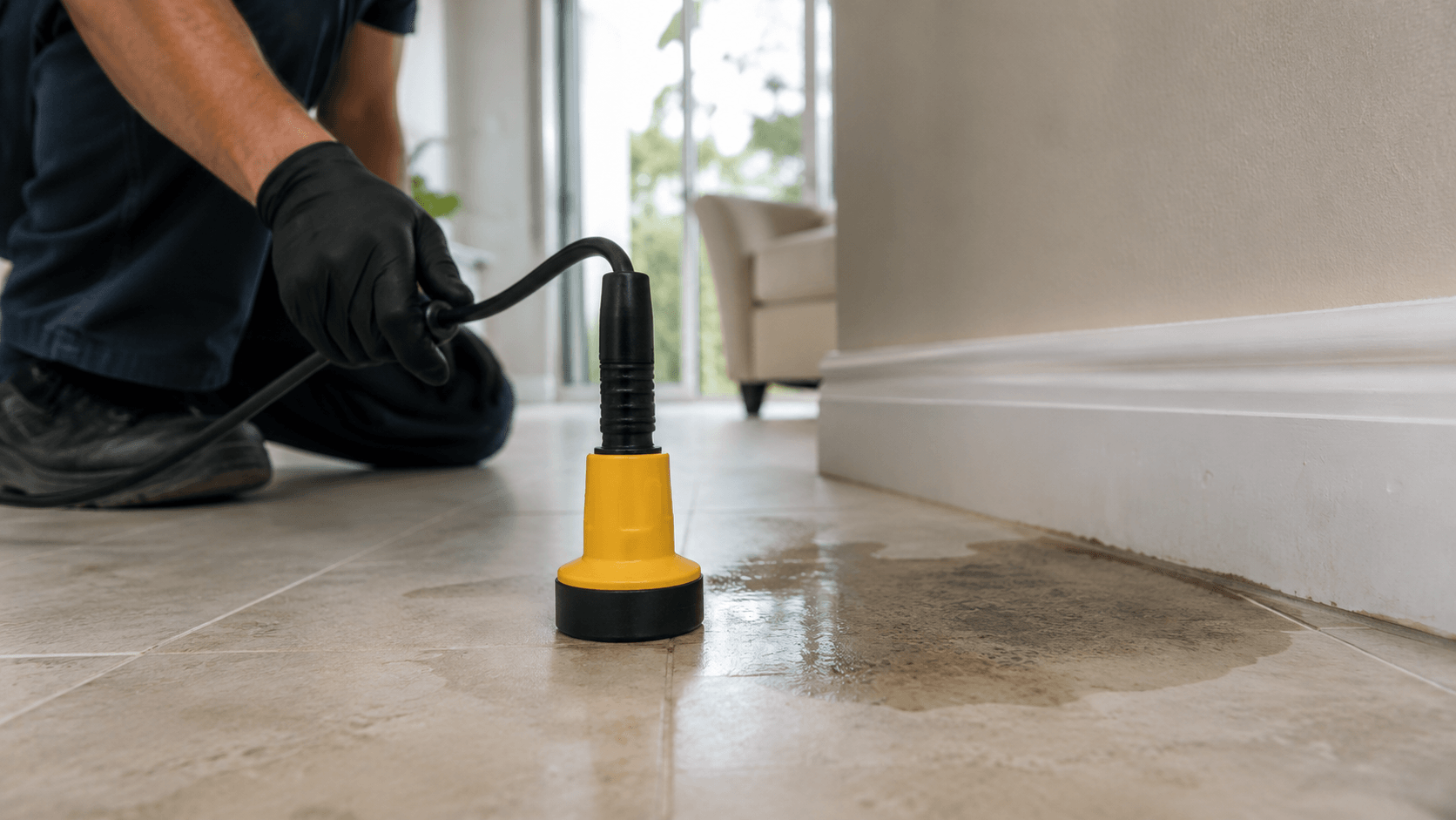 Acoustic ground microphone detecting a slab leak under tile in a South Florida home