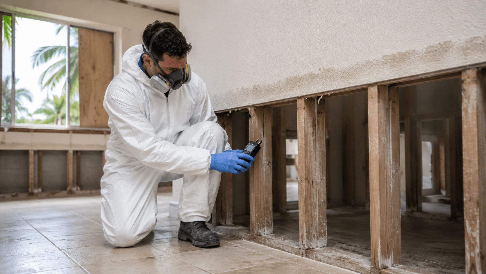 Restoration technician in Tyvek and respirator using a moisture meter on flood-cut studs after a hurricane storm surge